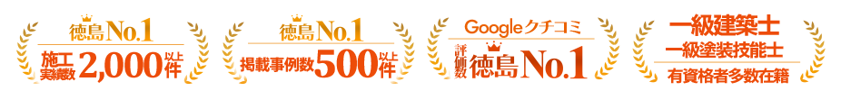 徳島No.1 施工実績数2,000件以上、徳島No.1 掲載事例数500件以上、Googleクチコミ 評価数No.1、一級建築士 一級塗装技能士 有資格者多数在籍