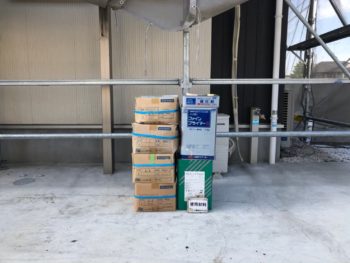 材料　ケレン　アセトン清掃　リボール式防水1層目　リボール式防水2層目　リボール式防水3層目　リボール式防水4層目　リボール式防水5層目　土台水切り塗装　シャッターBOX塗装　軒天塗装