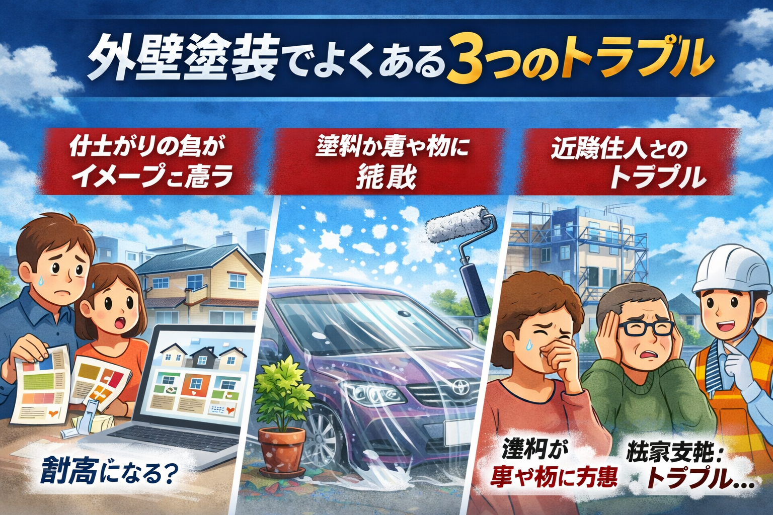 外壁塗装で起こりやすいトラブルは？徳島の塗装会社が解説