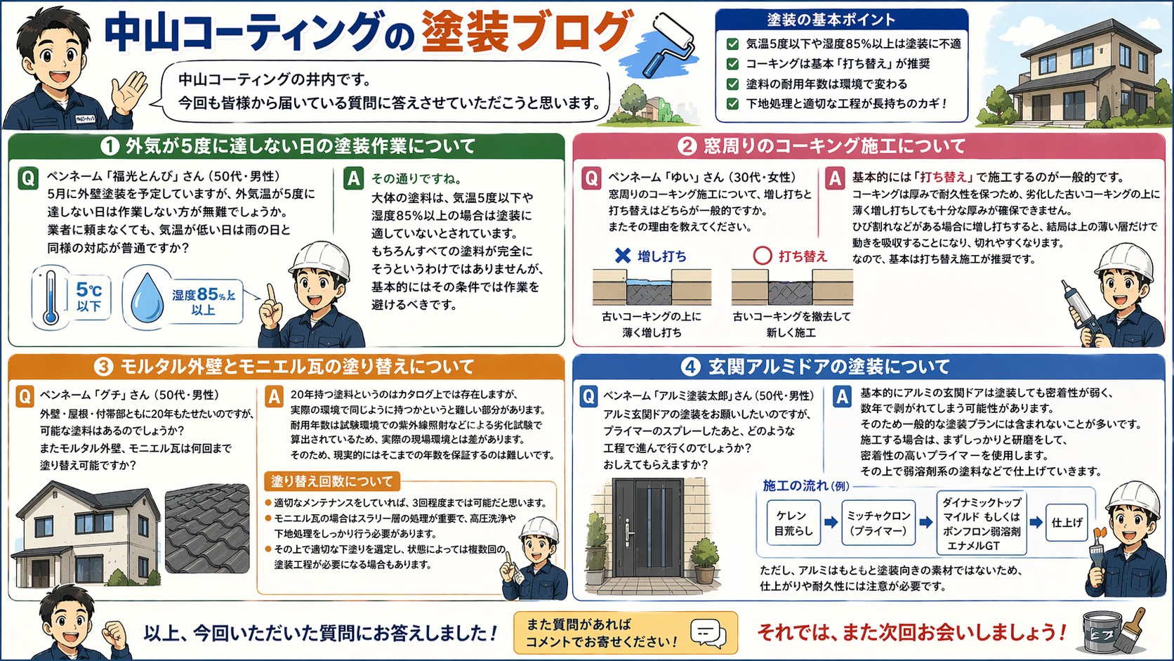 外壁塗装Q&A：気温条件・コーキング・瓦・アルミドアまで徹底解説