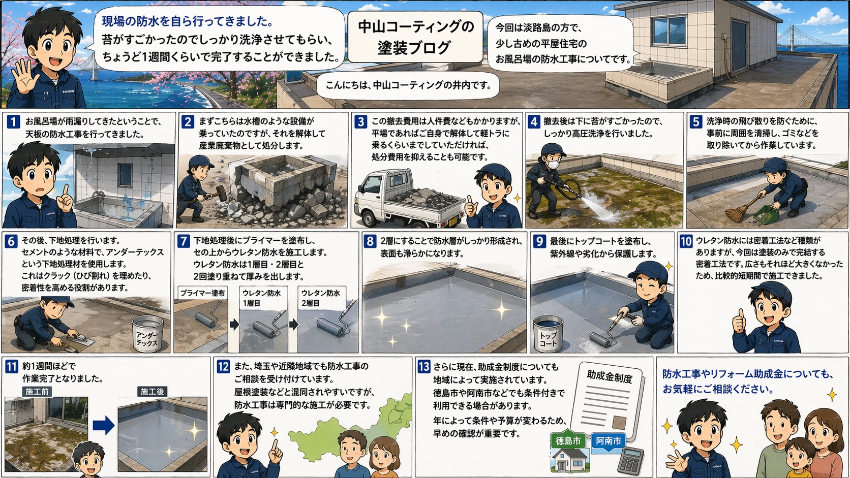 お風呂周りの雨漏り対応とウレタン防水工事の施工事例（温水器撤去・下地処理・洗浄から仕上げまでの流れ解説）