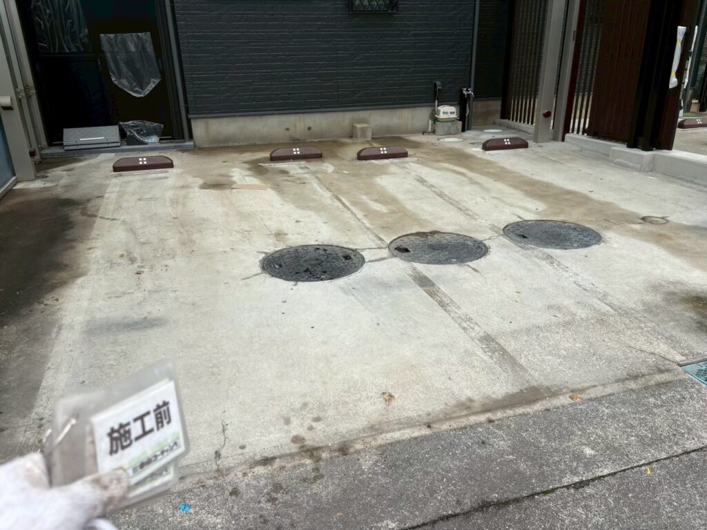 施工前のガレージ床です。汚れや経年による傷みが見られました